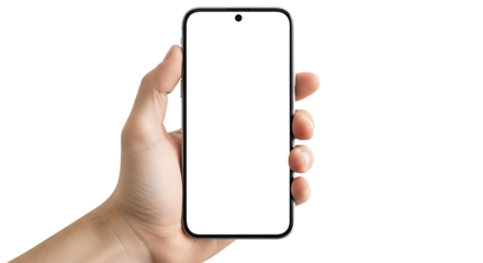 Hand holding a modern smartphone with a blank white screen mobile 5