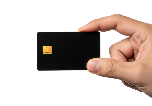 Hand holding a blank black credit card with a gold chip image