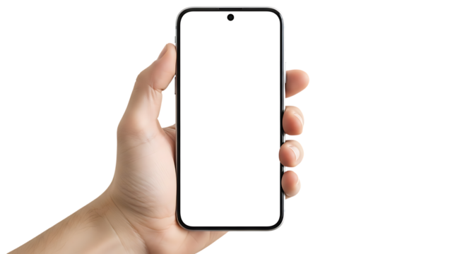 Hand holding a modern smartphone with a blank white screen mobile 5