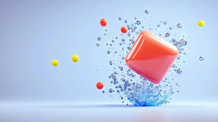 A red, rounded cube splashes into blue water surrounded by small yellow and red spheres and water droplets.