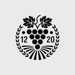 Vintage grape harvest emblem with laurel wreath and field illustration