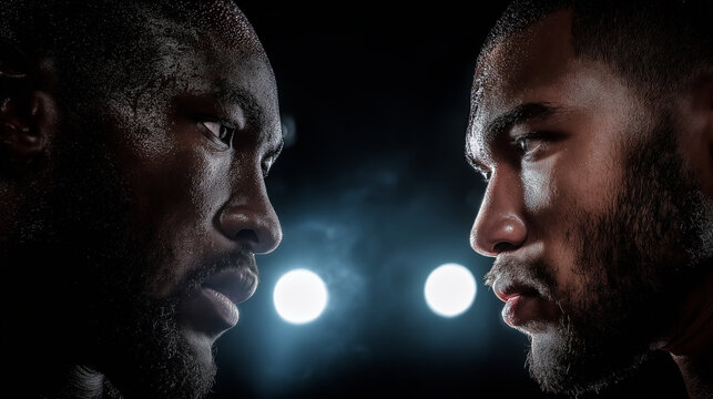 Two boxers facing each other in a tense staredown before the match, sweat shining, ring lights dramatic, high emotional intensity.