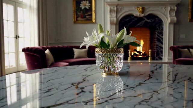  Elegant crystal vase with white lilies sitting on a polished marble table in a luxurious living room featuring burgundy velvet sofas and a burning fireplace in the background
