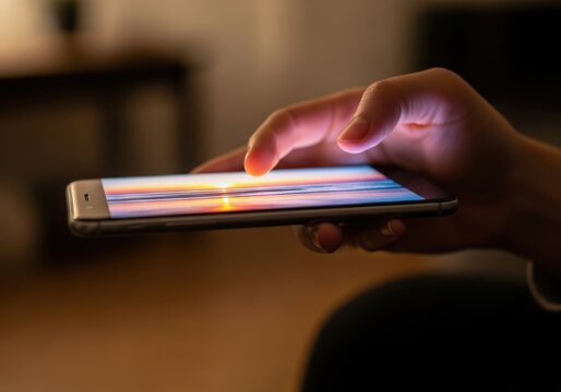 A persons hand holding a smartphone horizontally, with a finger touching the screen, showcasing the use of a mobile device for browsing or entertainment