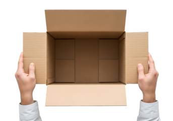 Hands holding open cardboard box from above against black image
