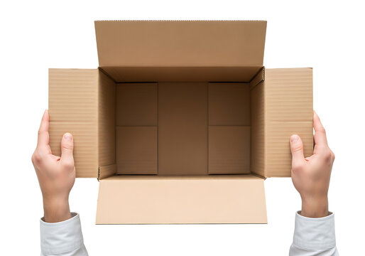 Hands holding open cardboard box from above against black image