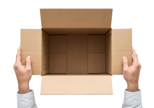Hands holding open cardboard box from above against black image