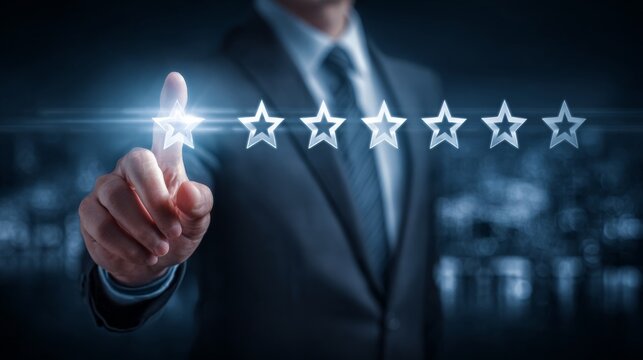 Close-up of a businessman's hand touching a glowing star in a 5-star rating system, conceptualizing excellent service or product satisfaction. Customer feedback, rating, stars