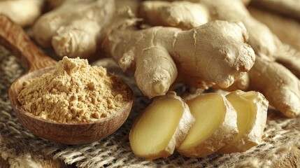 Fresh Ginger Root, Sliced and Powdered in Wooden Spoon on Burlap. Natural Spice, Culinary Ingredient. Ginger, Spice