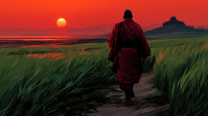 Fototapeta premium Serene monk walks off beaten path towards temple, embraced by vibrant hues of sunset reflecting on tranquil waters