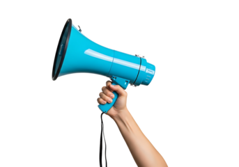 Hand holding a bright blue megaphone against a dark background image 1