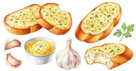 ガーリックトーストと食材のセット（ニンニク・バター・パセリ）,ガーリックブレッド,軽食,洋食,水彩,リアル