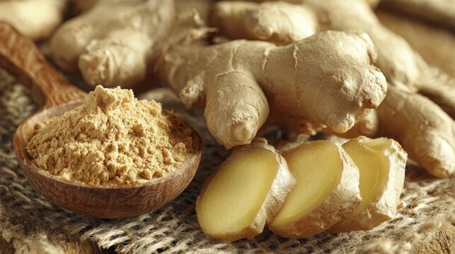 Fresh Ginger Root, Sliced and Powdered in Wooden Spoon on Burlap. Natural Spice, Culinary Ingredient. Ginger, Spice
