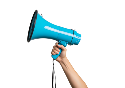 Hand holding a bright blue megaphone against a dark background image 1