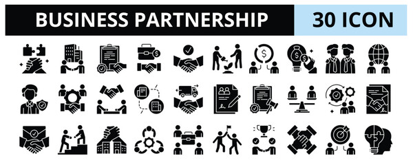30 Business Partnership Glyph Icons Vector - Joint Operation, Business Deal, Profit Sharing, Trust, Team Collaboration, Partner Agreement, MOU Signing