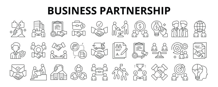 30 Business Partnership Line Icons Vector - Joint Operation, Business Deal, Profit Sharing, Trust, Team Collaboration, Partner Agreement, MOU Signing