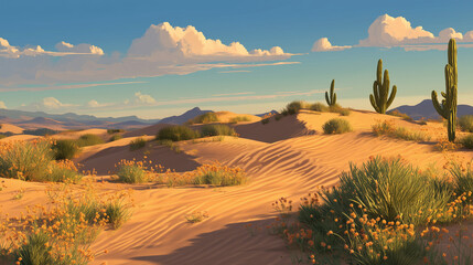 AI-generated image - A serene desert landscape with soft sand dunes, cacti, and wildflowers illuminated by warm golden sunlight, creating a peaceful natural scene suitable for nature and travel themes