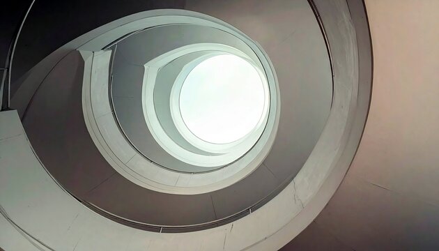 A view looking directly up into a modern, concrete spiral staircase with a bright sky visible at the top.