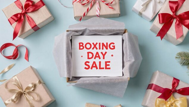 Boxing Day sale sign surrounded by wrapped gifts with festive bows on a light blue background.
