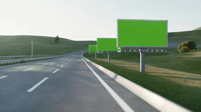 Highway Road with Multiple Green-Screen Billboards for Advertising Mockups