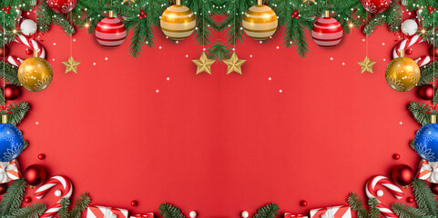 christmas background with christmas balls fir stars and decoration items on red background 