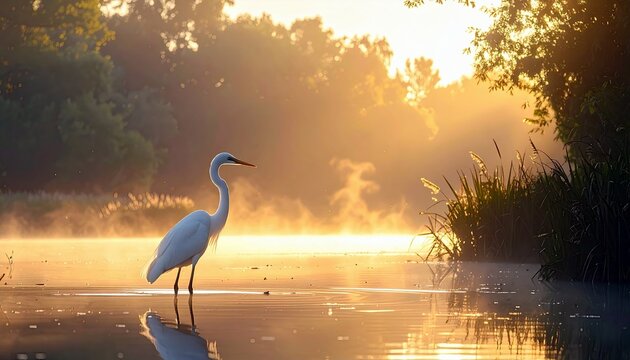 A white Great Egret stands in shallow, misty water during a golden sunrise, with trees and reeds in the background.