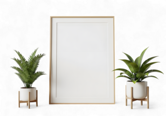 Minimalist frame mockup with lush green plants offers a clean and modern aesthetic for showcasing art, photography, or graphic designs in a contemporary interior setting, adding natural elegance