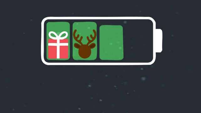 Minimalist Christmas battery charge indicator with holiday symbols and Happy New Year loading text on dark background