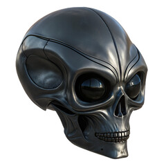 A menacing alien skull with large, black eyes and a smooth, metallic surface, exuding an aura of mystery and otherworldliness isolated on transparent background