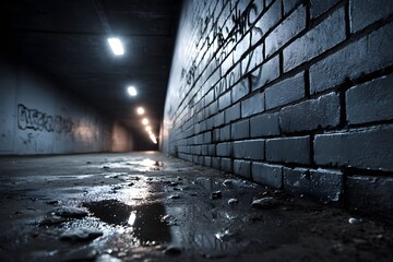 Dunkler Untergrundtunnel mit nasser Backsteinwand
