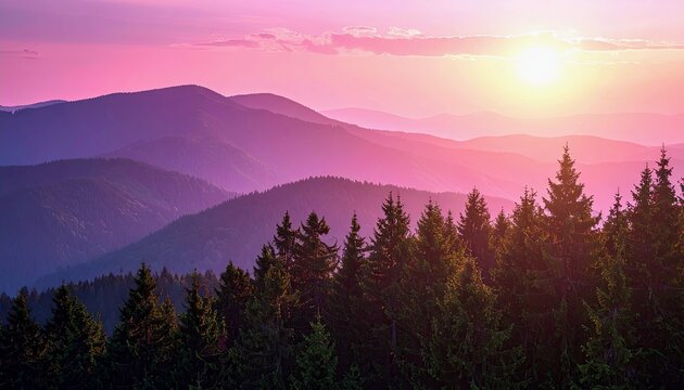 A scenic mountain landscape at sunset, featuring layers of purple and pink mountains and a dense forest of pine trees. - Powered by Adobe