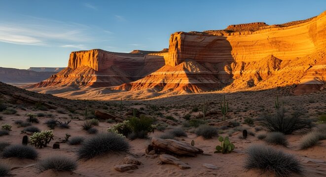 Dramatic Desert Landscape with Cliffs at Sunset - Powered by Adobe