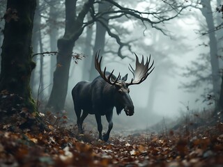 A wild moose with large antlers walks through a foggy wilderness surrounded by autumn foliage, creating a calm and atmospheric wildlife scene