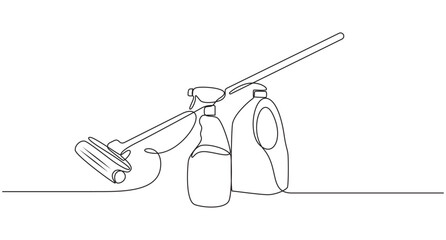 Cleaning your best service various containers of detergent one line art drawing,Minimalist line art illustration of cleaning supplies for home or business use,