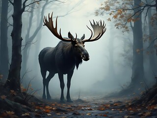 A wild moose with large antlers walks through a foggy wilderness surrounded by autumn foliage, creating a calm and atmospheric wildlife scene