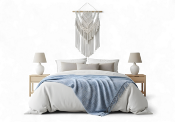 Inviting bedroom scene with soft blue throw blanket and macrame wall art, perfect for home decor inspiration and modern living concepts, showcasing cozy comfort and stylish design elements