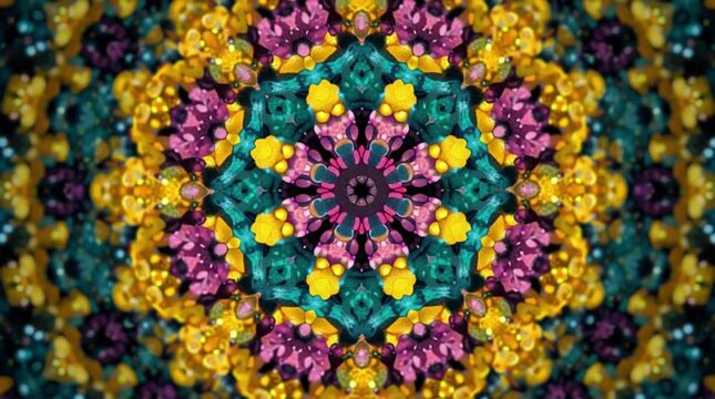 Vibrant kaleidoscope pattern with pink, yellow, and teal colors, creating a symmetrical design suitable for various artistic applications with a mesmerizing effect.