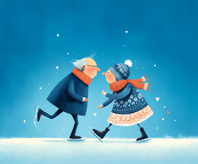 Grandfather and grandmother skating on ice AI generated