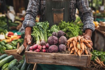 Local farmer displays fresh seasonal vegetables at the market while customers browse surrounding stalls in the early morning light