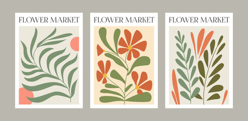 Minimal Botanical Posters Collection. Flower and Leaves Abstract Shape Design for Print, Wall Art, Wallpaper, Decoration. Vector Illustration.