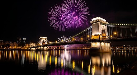 Purple fireworks light up iconic bridge over river at night.