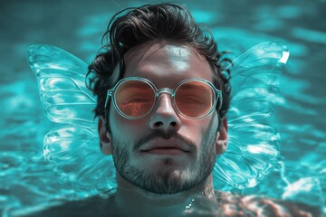 Fototapeta premium Man practicing butterfly stroke in a swimming pool surrounded by blue water on a sunny day, creating a unique and vibrant scene