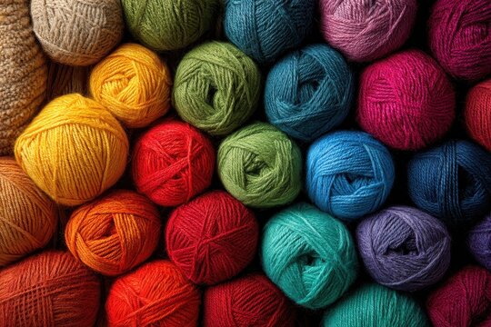 Colorful yarn balls create a vibrant display for crafting enthusiasts in a cozy workshop during daylight hours