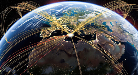 Global network connection lines around planet earth from space concept international business logistics travel communication internet worldwide reach technology data