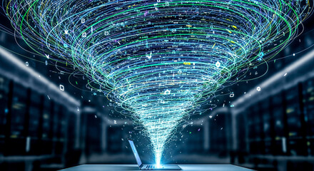 Blue digital tornado coming out from laptop screen concept big data information flow internet speed technology chaos cloud computing cyber