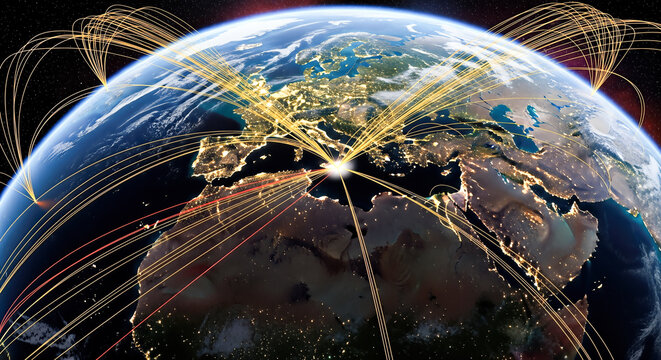 Global network connection lines around planet earth from space concept international business logistics travel communication internet worldwide reach technology data