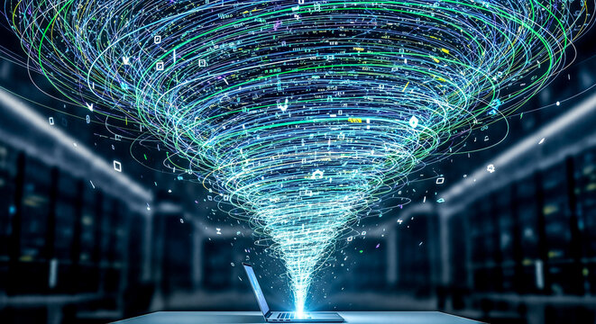 Blue digital tornado coming out from laptop screen concept big data information flow internet speed technology chaos cloud computing cyber