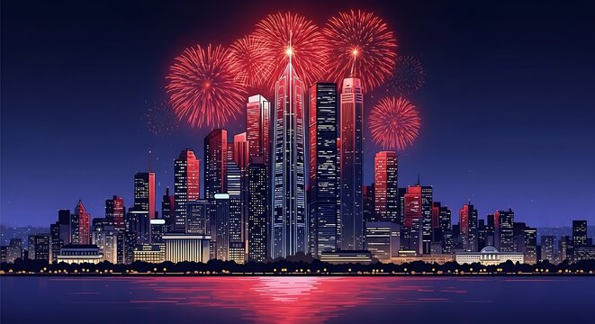 Festive cityscape illuminated by vibrant fireworks over water - Powered by Adobe