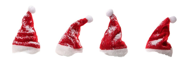 set of santa claus caps isolated on transparent background covered with snow for christmas
