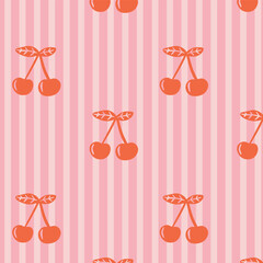 Cute seamless cherry pattern with soft stripes in flat style, perfect for textiles, wrapping paper, wallpapers, stationery and summer-themed designs.